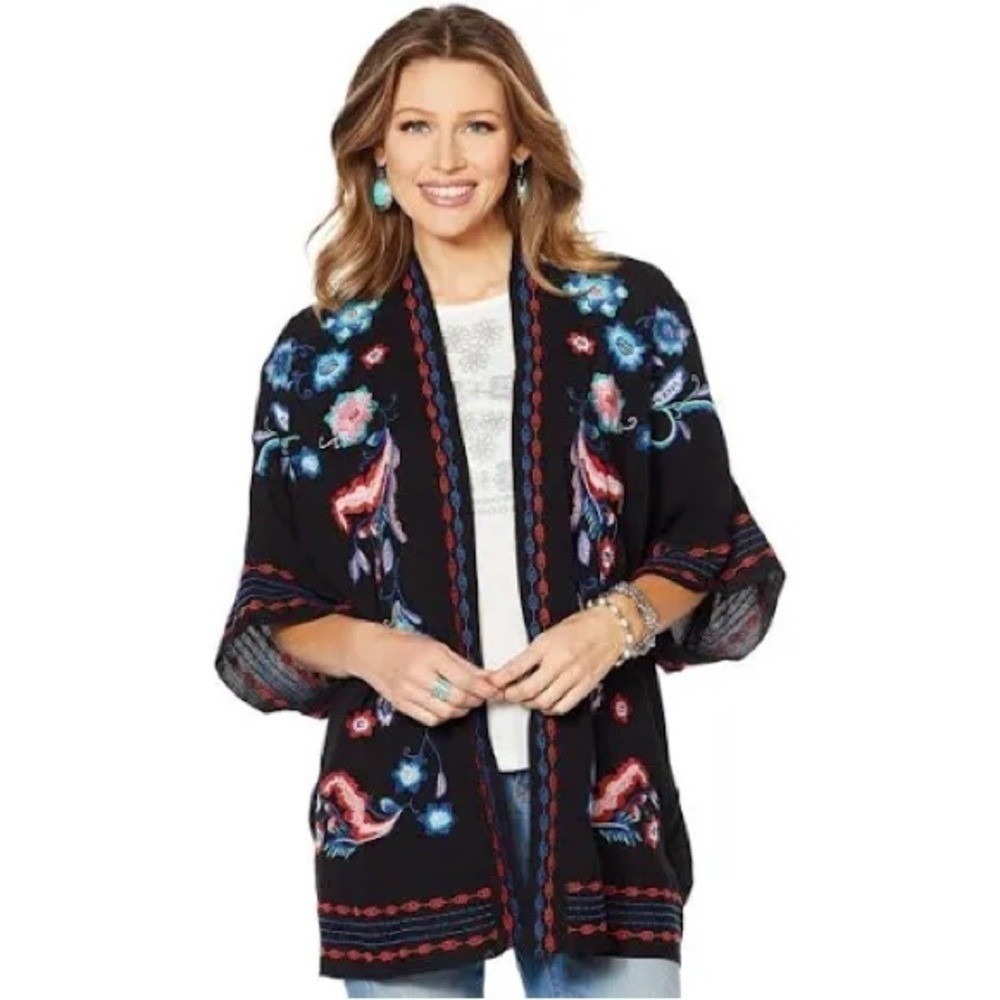 CURATIONS Embroidered Black Kimono Cardigan Boho Floral Lightweight‎ M L